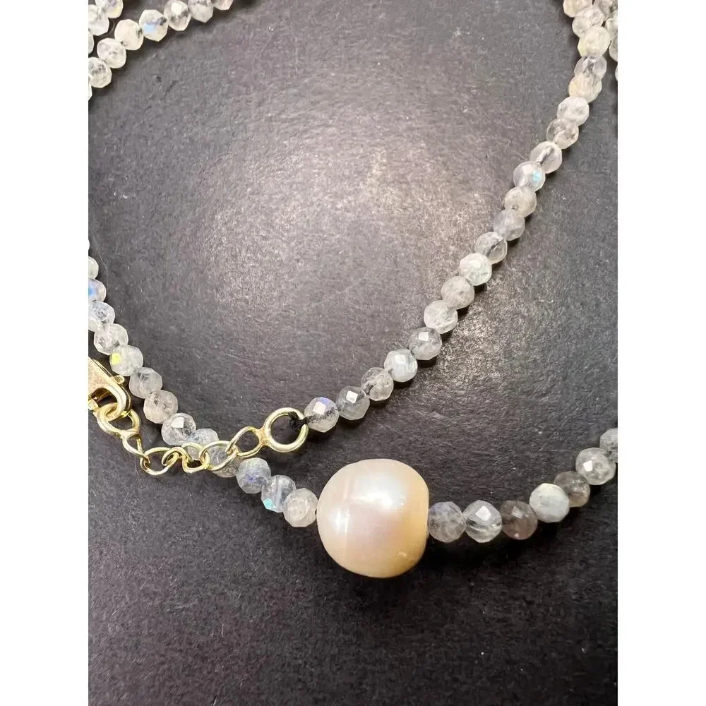 Labradorite and cultured pearl necklace with sterling silver lobster claw clasp